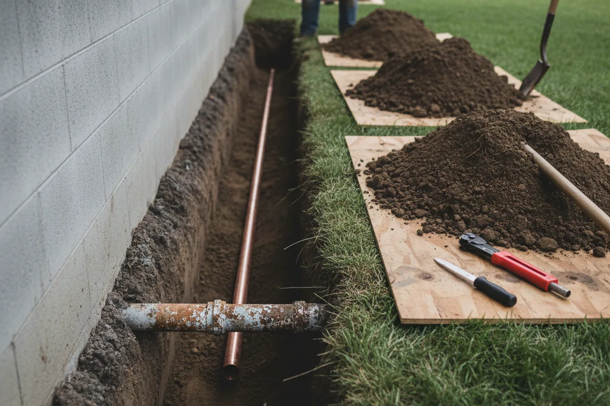 Excavated water line trench during Water Softener Installation in Fort Bragg